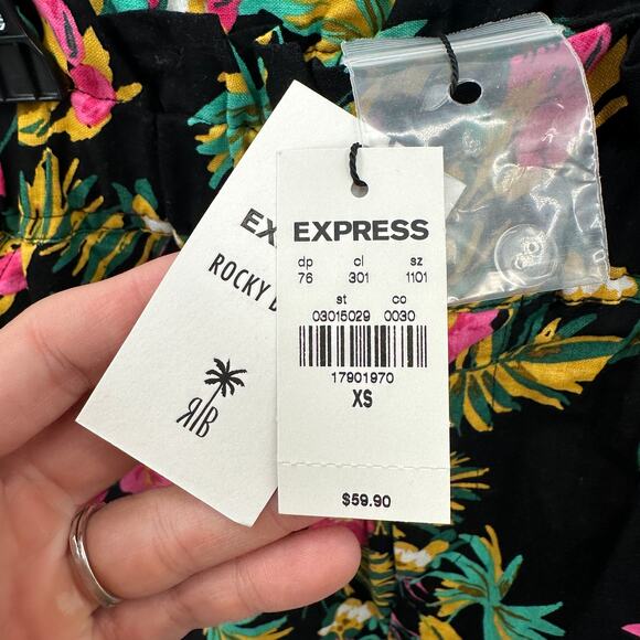 EXPRESS x ROCKY BARNES NWT High Waist Floral Tropical Linen Blend Shorts // XS - Picture 6 of 12